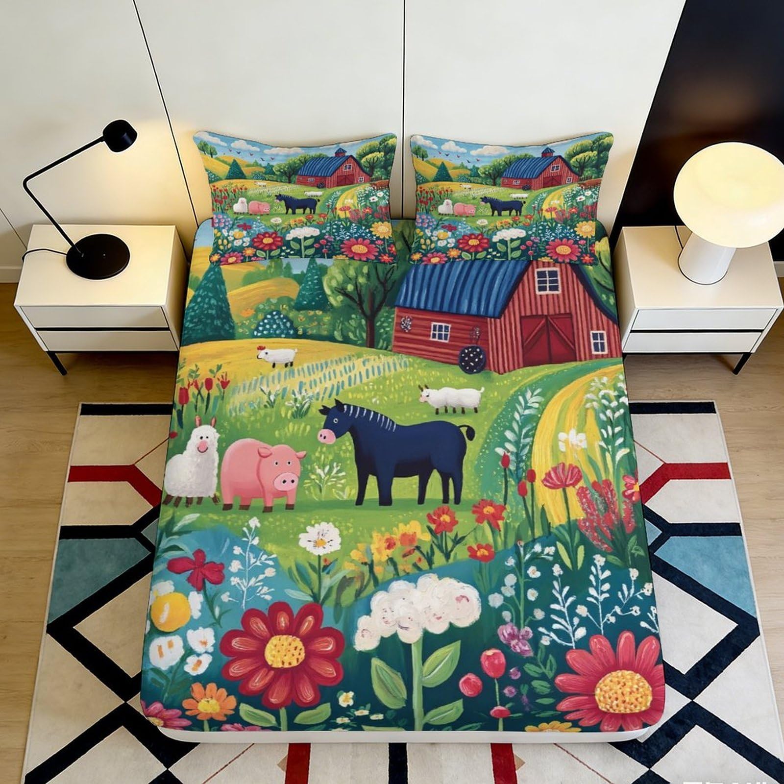 3D Printed Farm Landscape Fitted Sheet Microfiber Soft Vibrant Animal Meadow Bed Cover for Bedroom Guestroom Decor 90x200x25cm