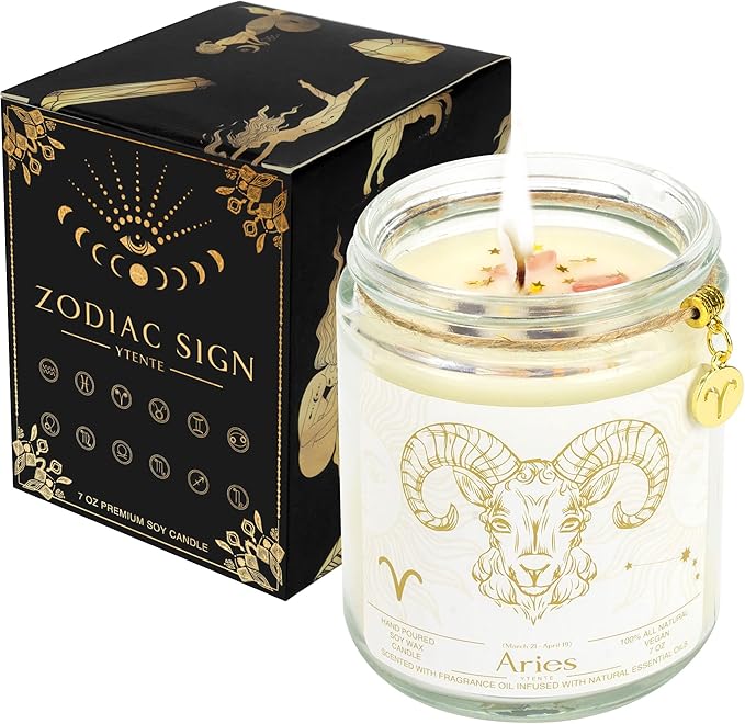 Aries Zodiac Sign Candles Gift, Zodiac Birthday Crystals Candles Jar, Astrology Lavender Scented Soy Stones Candles Best Friends Gifts for Women Men Sister Brother Funny Birthday Gift…