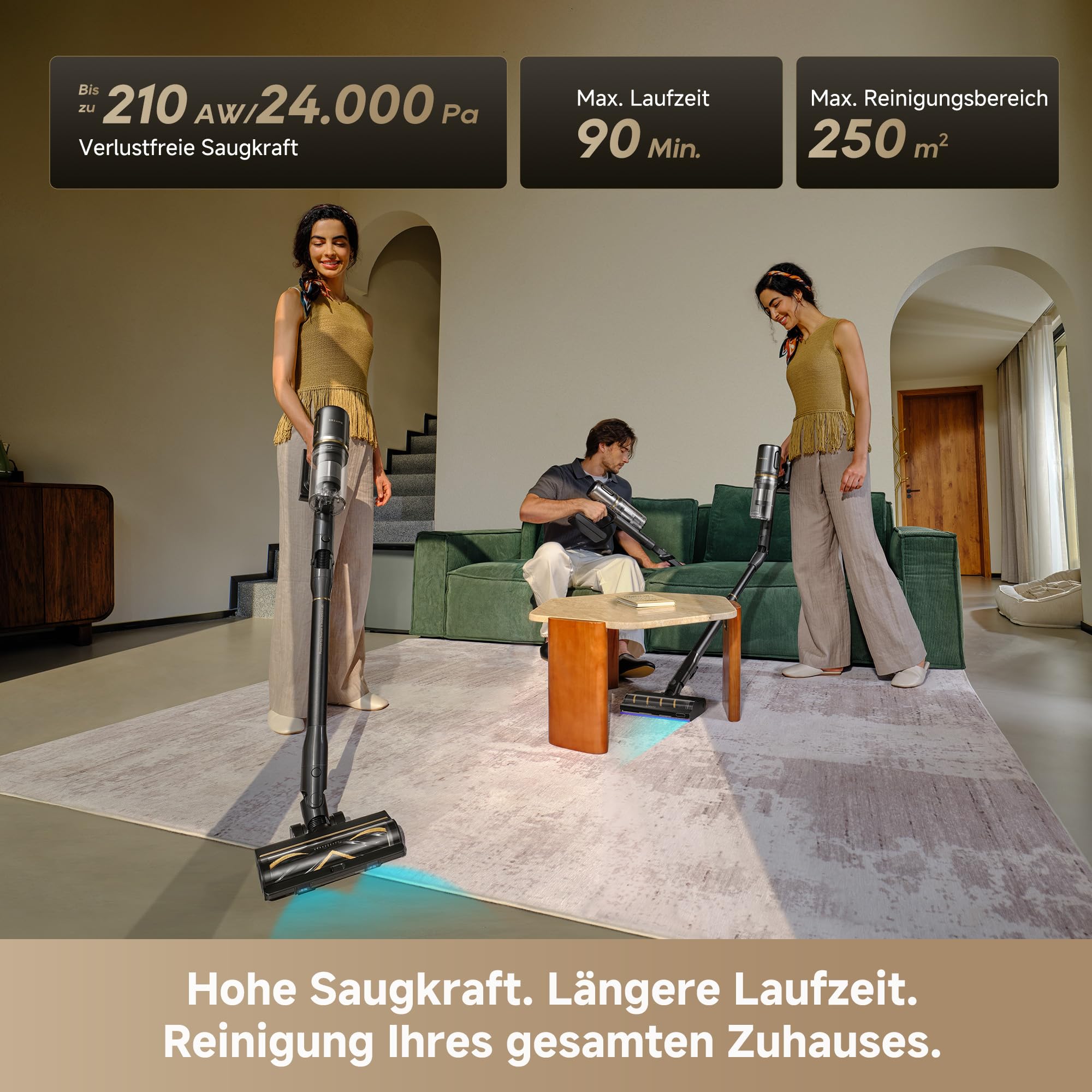 dreame V20 Pro-A Kabelloser Staubsauger, Kantenreinigung 0 mm, ohne Verheddern, für Hartböden und Teppiche, 24.000PA / 210 AW, 90 Min. maximale Laufzeit, Filterung 99,99%, entfernt Tierhaare