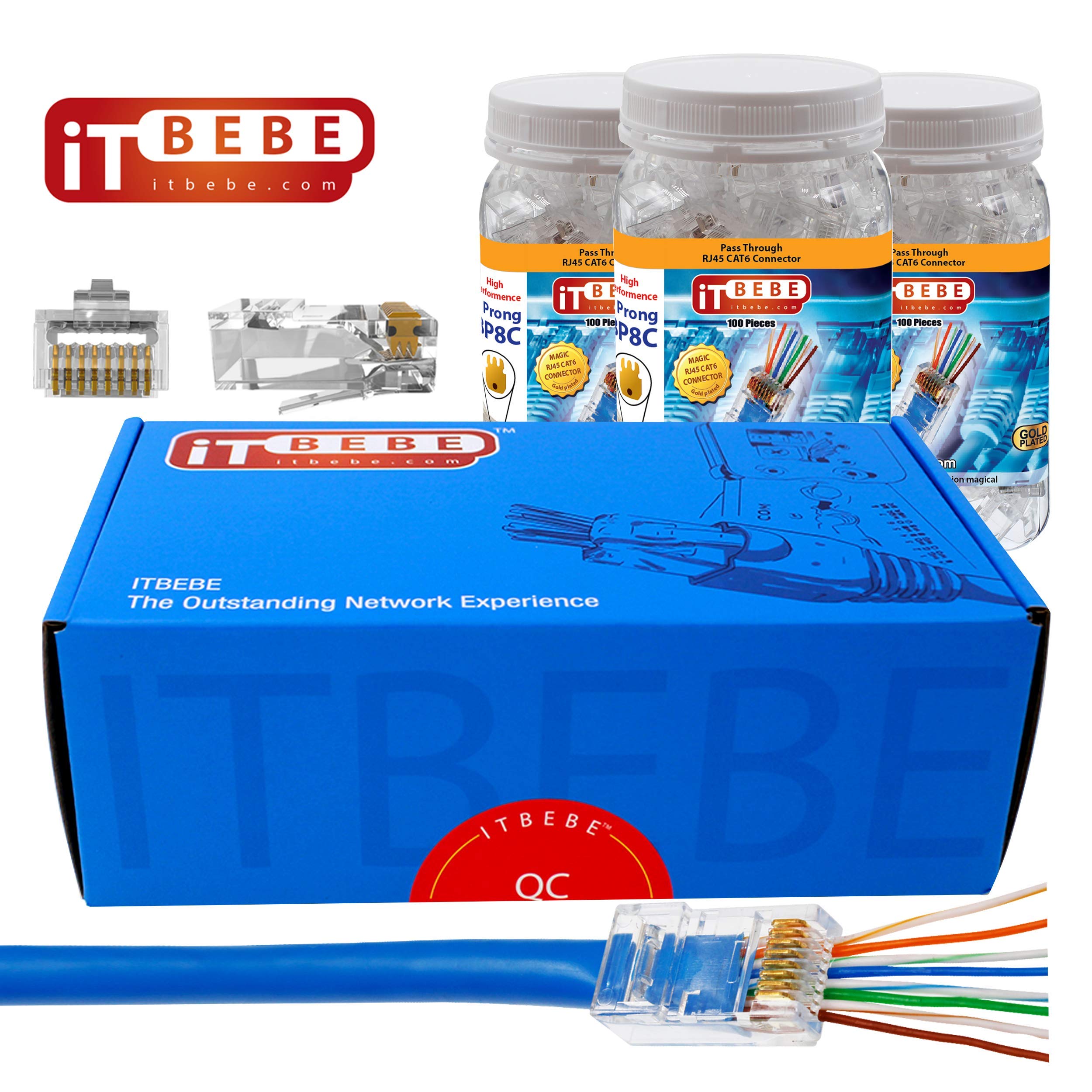 ITBEBE Lot de 300 connecteurs RJ45 Cat6 pour câble Ethernet 24 AWG – Extrémités 8P8C plaquées or pour cordons de brassage Cat6, installations réseau et outils de sertissage