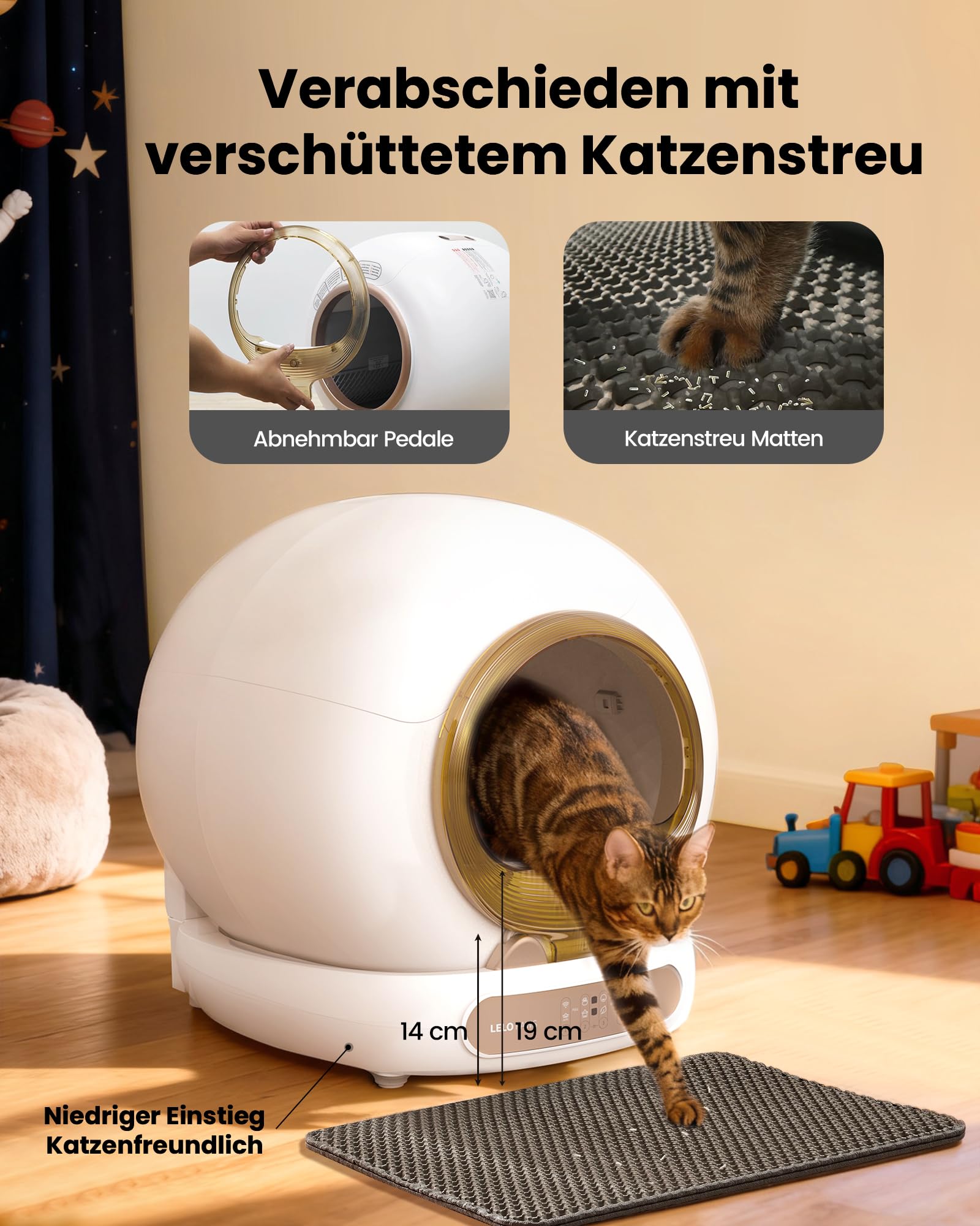 Selbstreinigende Katzentoilette mit Türvorhang, 65L+9L Katzenklo Selbstreinigend mit Müllbeutel, Matte, APP Steuerung, Desodorieren, Elektrisches Katzenklo für Mehrere Katzen, Golden