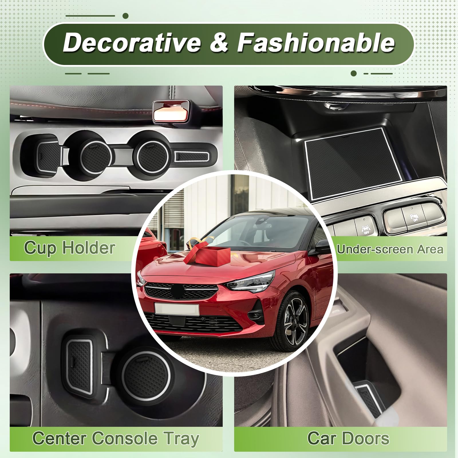 Compatibile con Opel Corsa F 2020-2024 2025 (Freno Manuale) Tappetini Antiscivolo per Opel Corsa F Tappetini in Gomma per Console Centrale, Porta Bicchieri, Scanalatura Porta (Bianco)