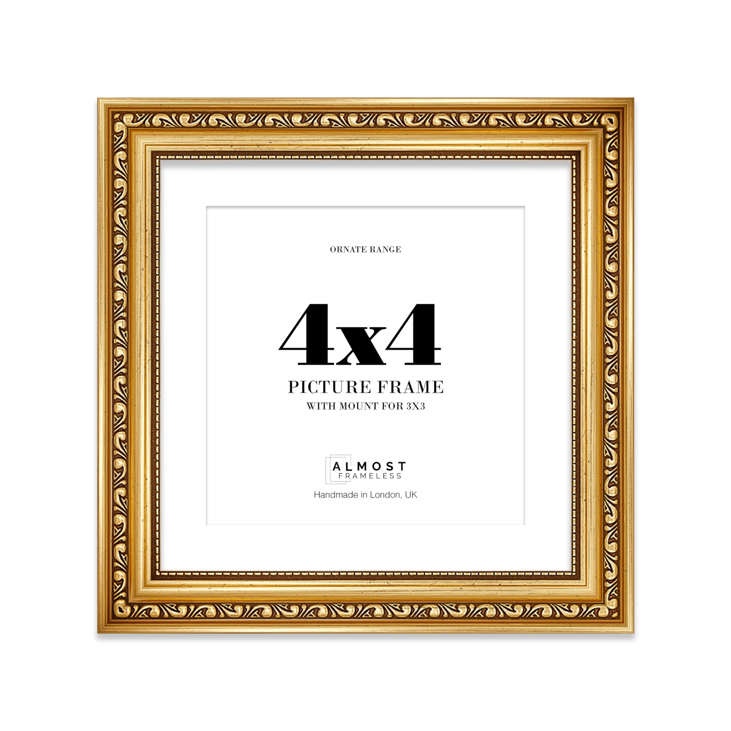 4x4 Gold Ornate Photo Frame With White Mat For 3x3 Picture, Ready to Hang or Stand, 1 Pack