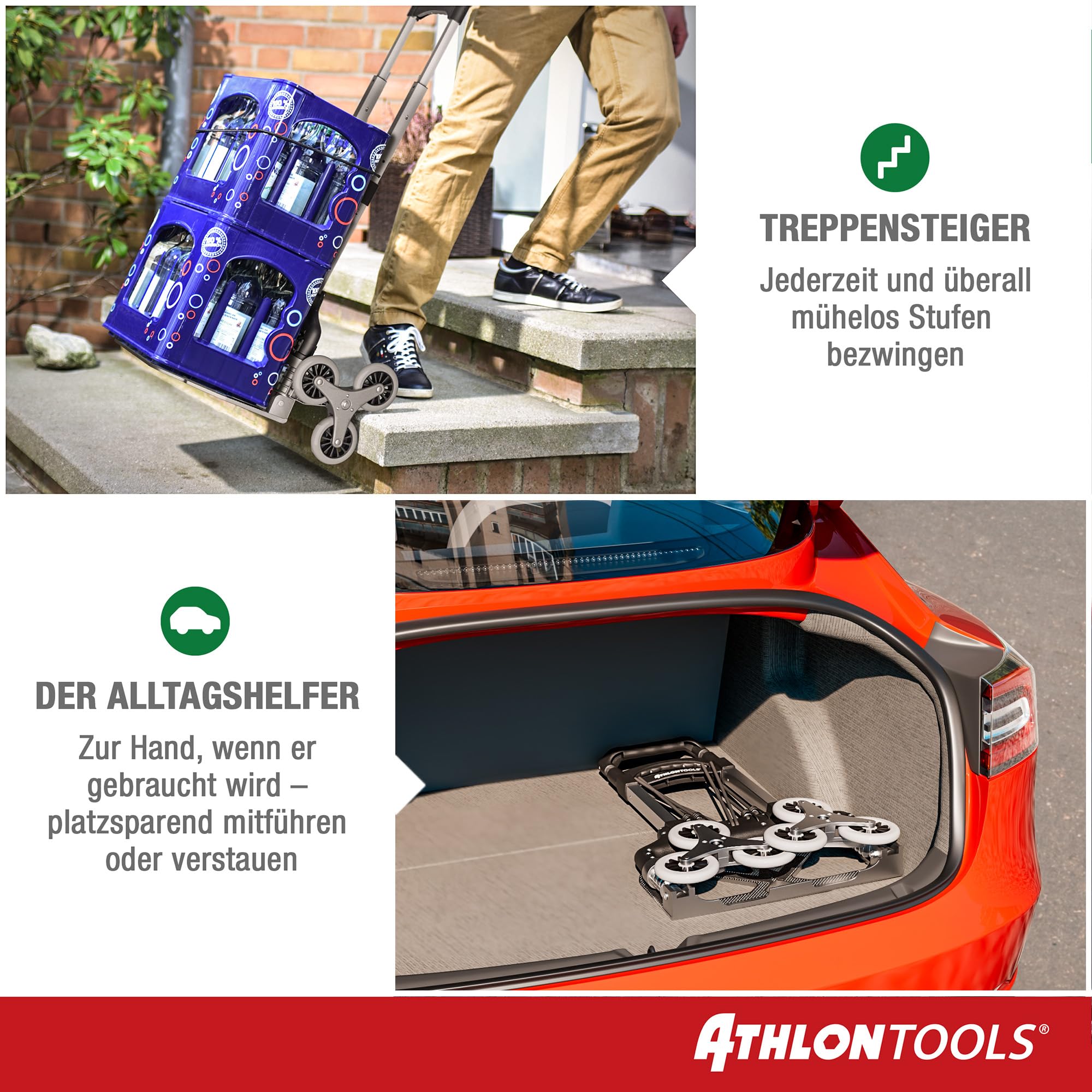 ATHLON TOOLS Treppensteiger Sackkarre klappbar TÜV GS-geprüft – Profi Treppensackkarre aus Aluminium leicht - Extra Langer Griff 110cm & Ladefläche mit Anti Rutsch Pads - Transporthilfe für Treppen