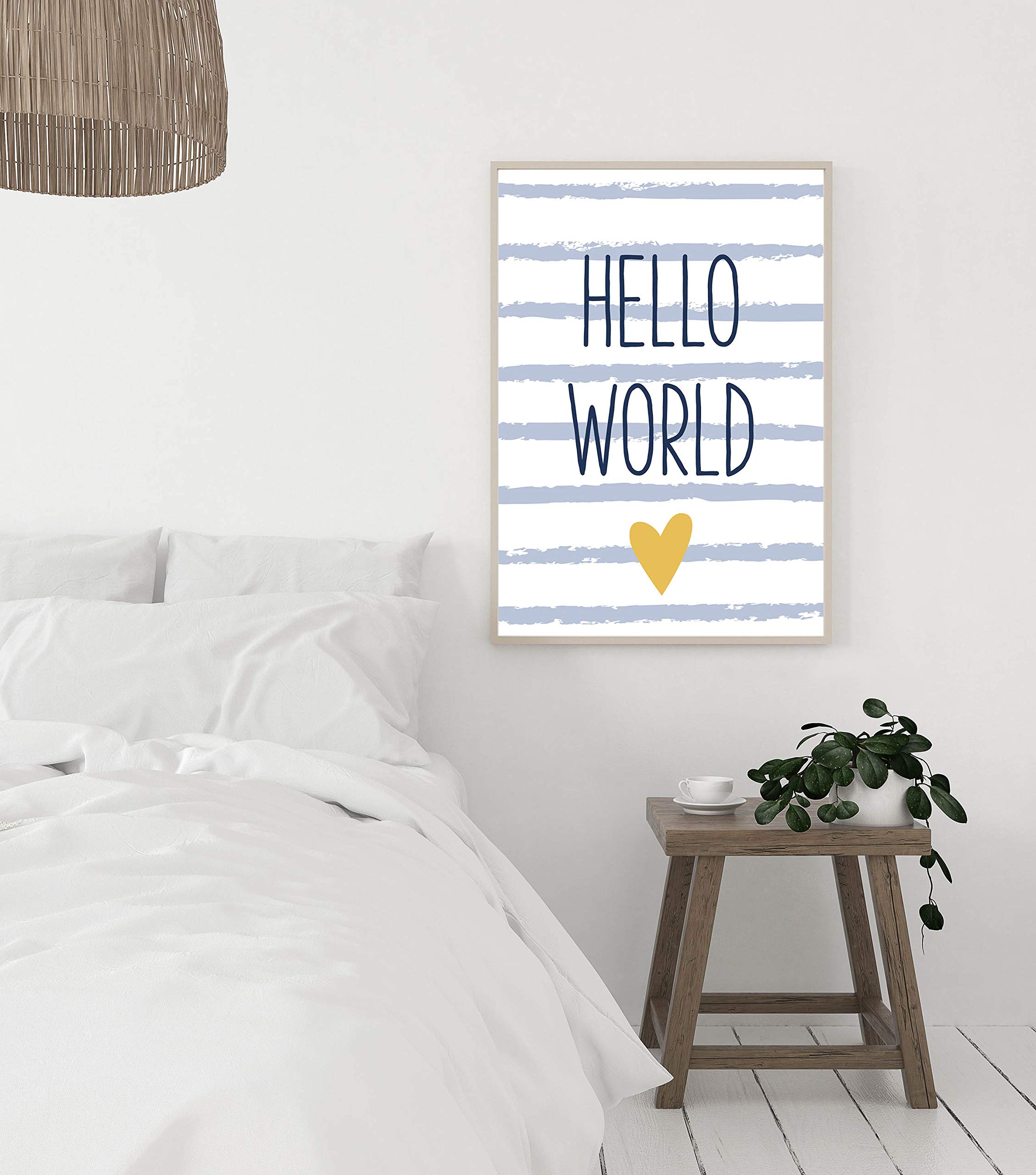 Panorama Tableau pour Chambre de bébé ou d’Enfant Phrase Hello World 50x70cm - Impression sur Toile avec Châssis en Bois - Décoration Murale Chambre Enfant