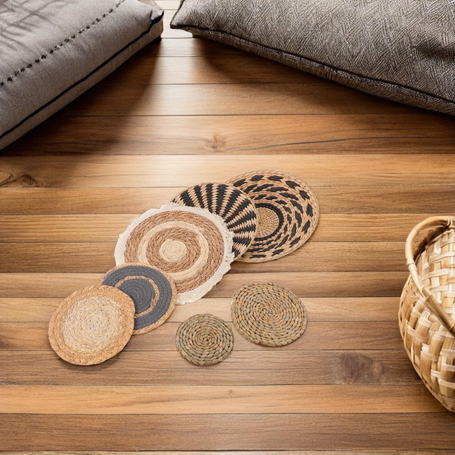 PAMINGONO 7 Szt. Częściowy Boho Wiszących Ręcznie Plecionych Koszy Ściennych z Trawy Rustykalna Dekoracja Do Sypialni i Przedpokoju Praktyczne i Stylowe Rozwiązanie Do Przechowywania