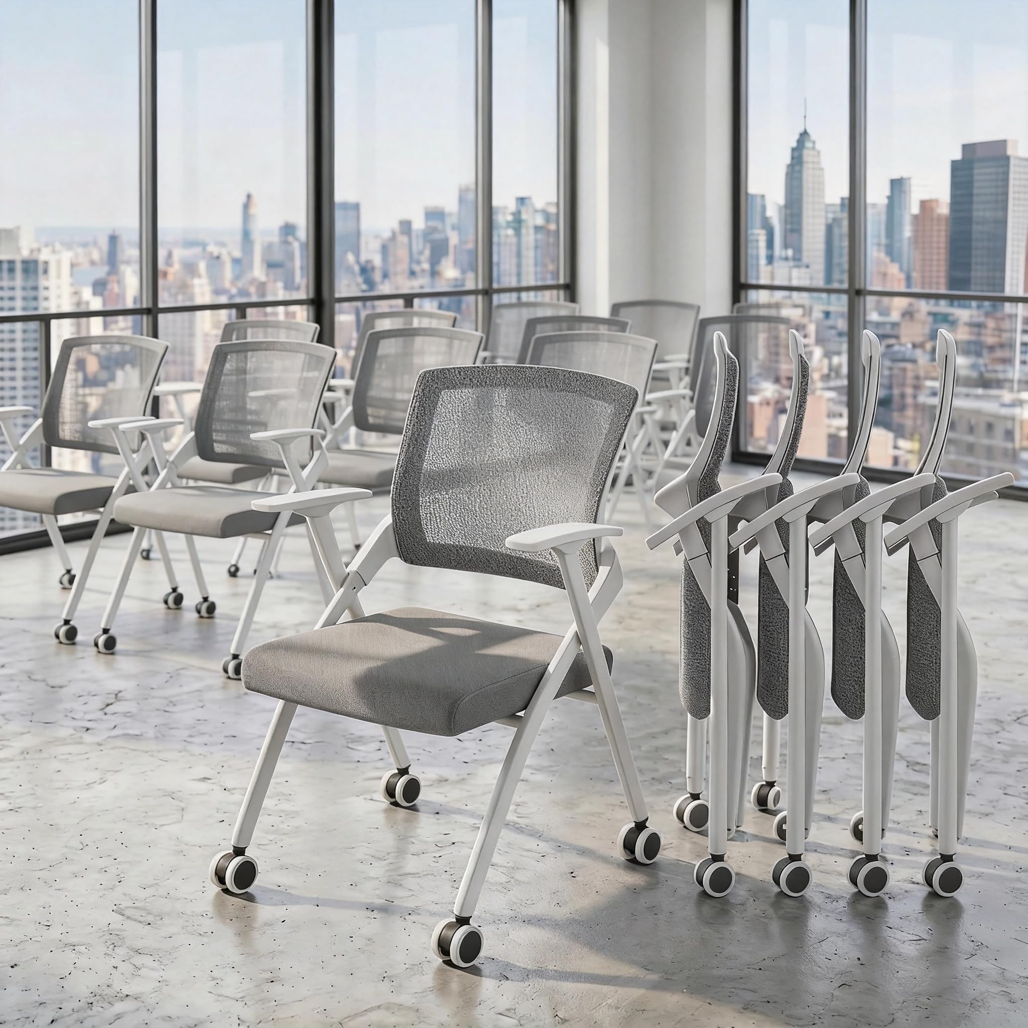 Folding Office Chair with Wheel,Conference Room Chairs with Smooth Armrest-Mesh Back,Rolling Stackable Foldable Desk Chair for Guest Reception Meeting Classroom Training Seminar ,Gray∰with wheel,40