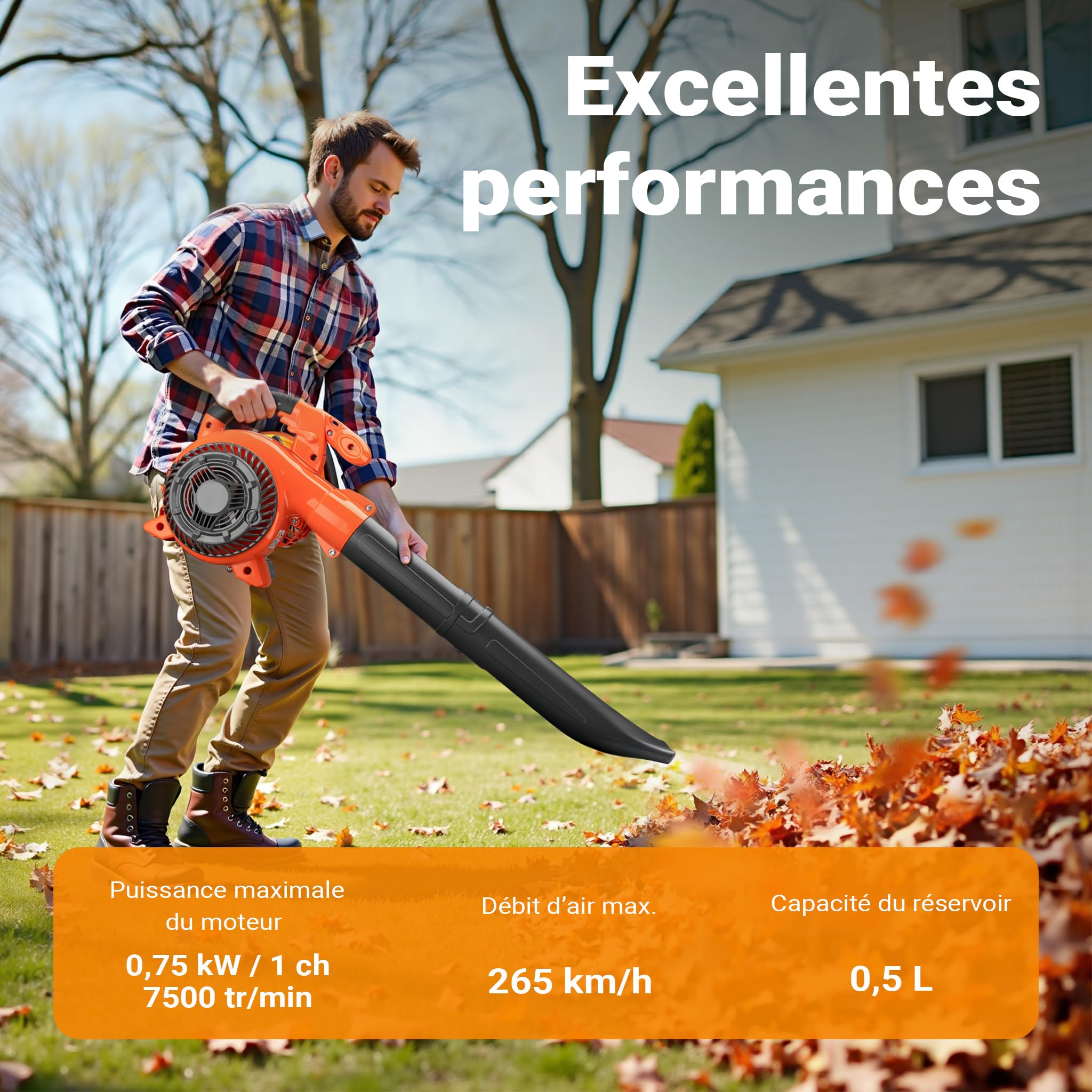 Wiltec Outil Multifonction 3 en 1 – 580 x 290 x 390 mm – Essence 0,5 l – 0,75 KW 1 CV – Sac collecteur 50 l – Aspirateur Souffleur de Feuilles mortes & Broyeur végétaux – Jardinage