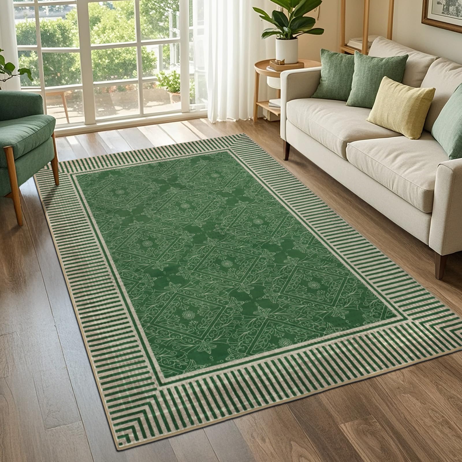 Geanup Striped Area Rugs for Living Room 120×180cm, Green Modern Washable Bedroom Rug, Soft Low Pile Dining Room Carpet with Non-Slip Backing, Large Faux Wool Floor Mat for Kitchen Nursary Studio