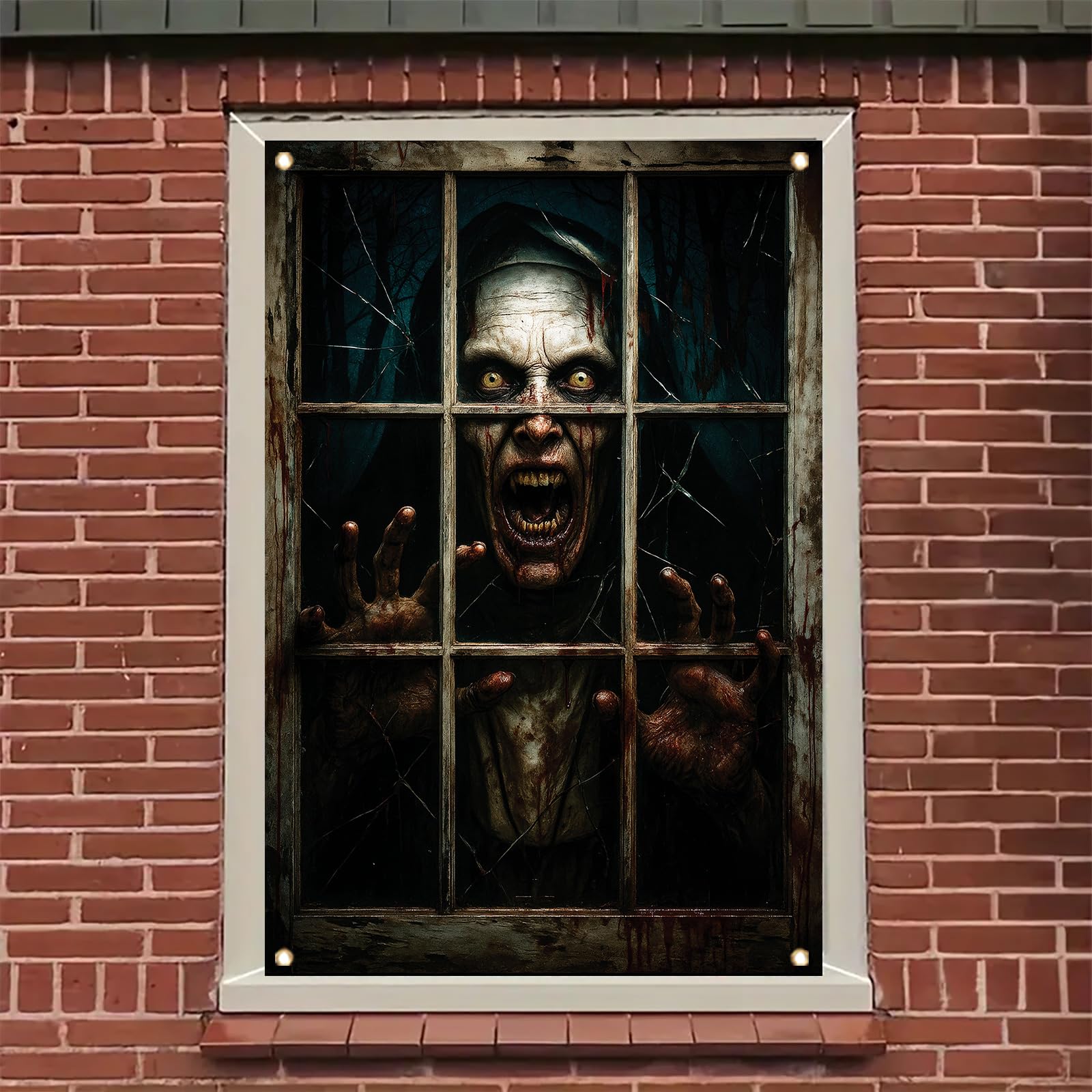 Poster de zombie effrayant d'Halloween avec autocollant de fenêtre et empreintes sanglantes