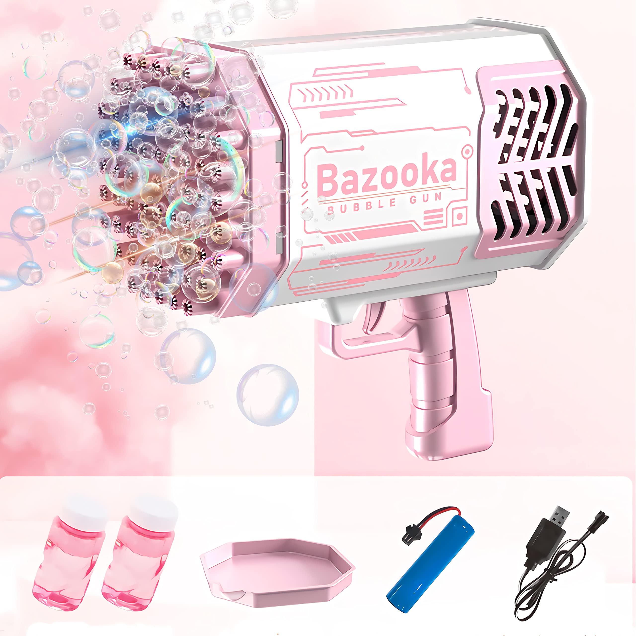 sunsamp Rocket Boom Bubble - Super Bazooka Bubble Gun，Bubble Machine with 69 Holes Gatling, Bubble Maker Blower，Best Gifts for 3 5 6 7 Year Old Boys and Girls,Adults (69 Holes Pink)