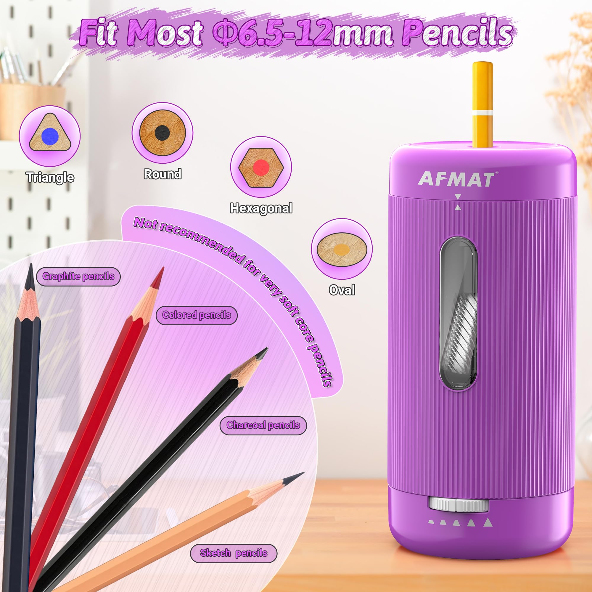 AFMAT Sacapuntas eléctrico, entrada y salida automática, 5 puntas, sacapuntas totalmente automático para aula, sacapuntas manos libres recargables para lápices n.º 2/jumbo/colores (φ6.5-12 mm) PSC3