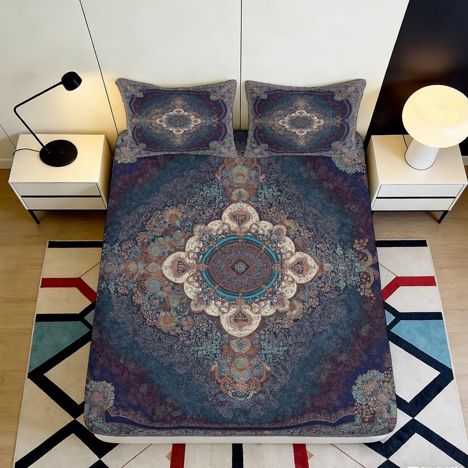 3D Printed Vintage Mandala Fitted Sheet Microfiber Soft Mattress Cover for Bedroom Decor Dustproof Easy Care 90x200x25cm
