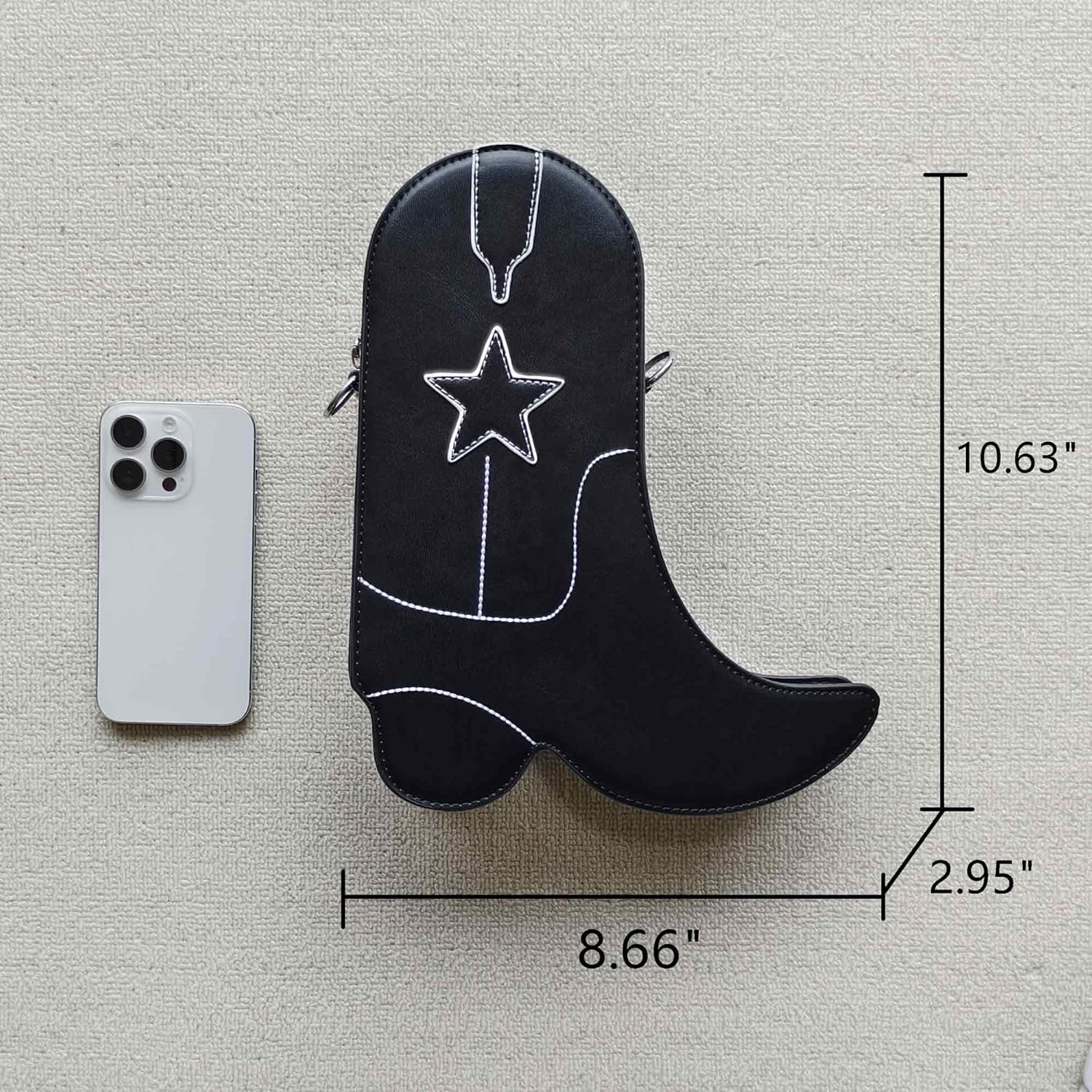 Women's Small Black Western Unique Cowboy Boot Shaped Vegan Leather Crossbody Purse Bag with Silver Chain