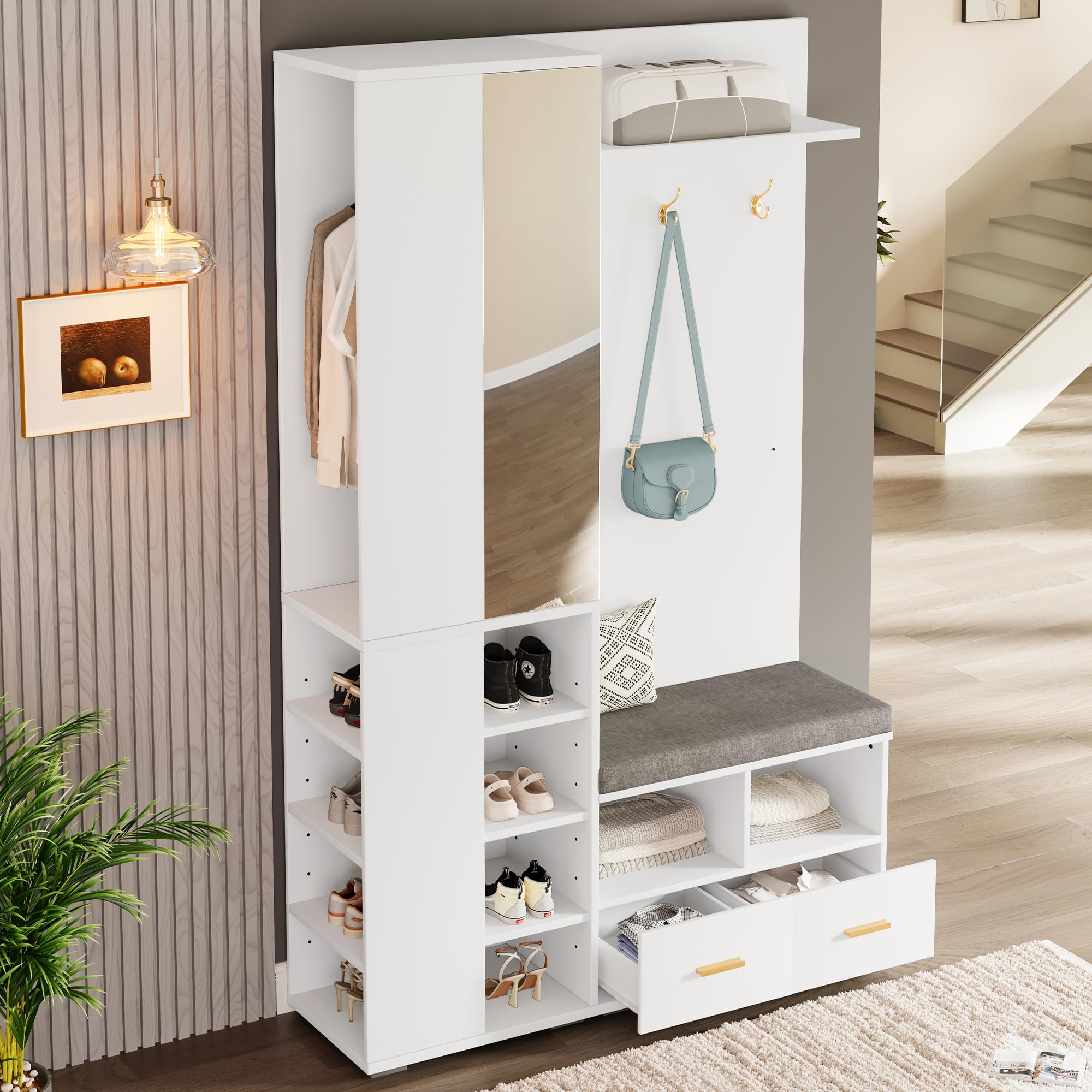Ensemble de garde-robe avec miroir, banc à chaussures, armoire à chaussures, armoire de couloir, étagère, Gain de Place, avec 1 tiroir et 3 Crochets, pour Couloir, Chambre (Blanc, 120x35x190cm)
