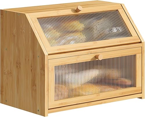 BMOSU Panera grande para encimera de cocina, panera de doble capa para encimera de cocina, caja de pan de madera de bambú, capacidad de