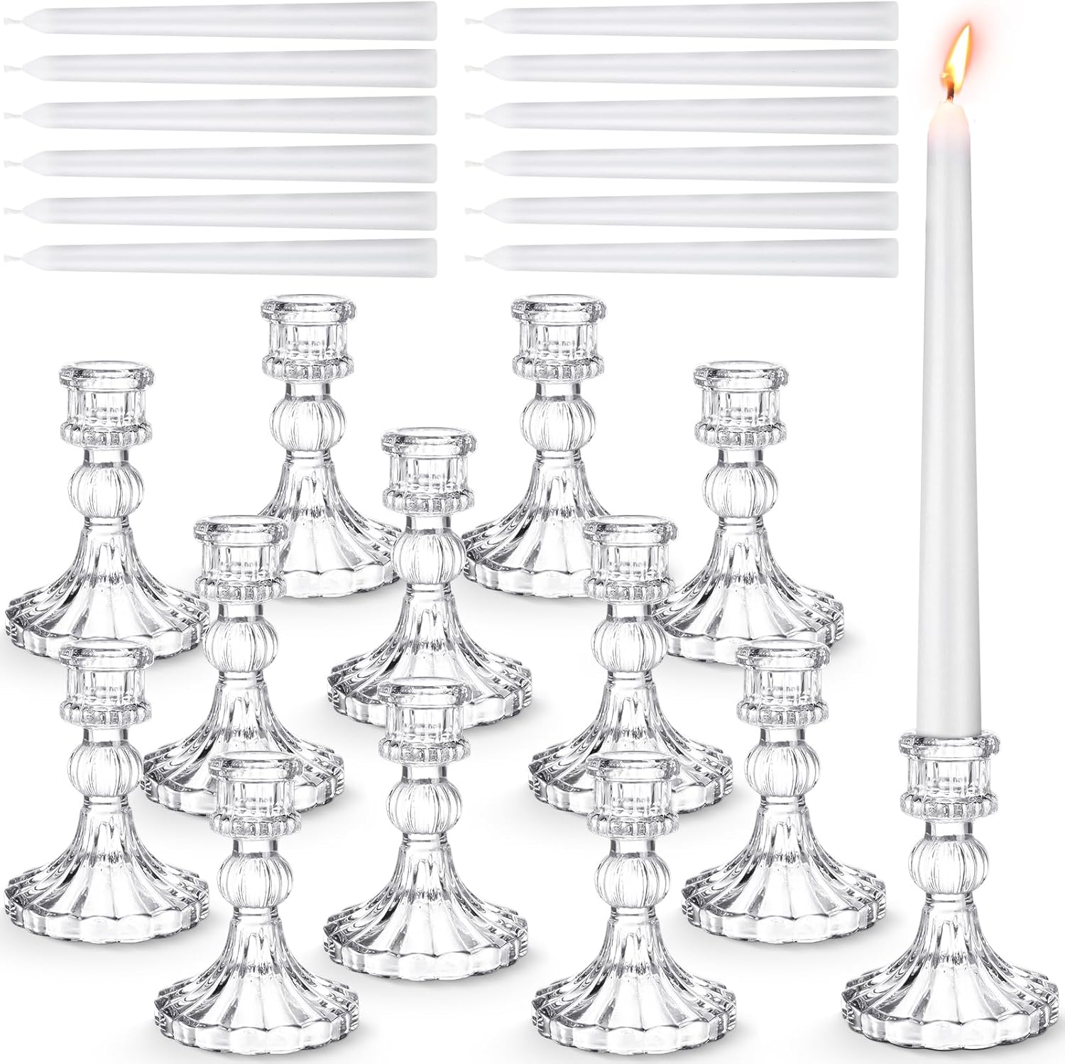 Suclain 24 Pcs Glass Taper Candle Holder Sets 12 Candlestick Holder with 12 White Long Candles for Wedding Party Decor Dinner Decoration(Clear)