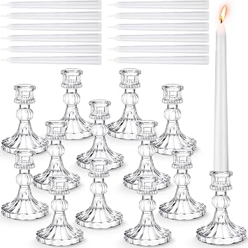 24 Pcs Glass Taper Candle Holder Sets 12 Candlestick Holder with 12 White Long Candles for Wedding Party Decor Dinner DecorationClear