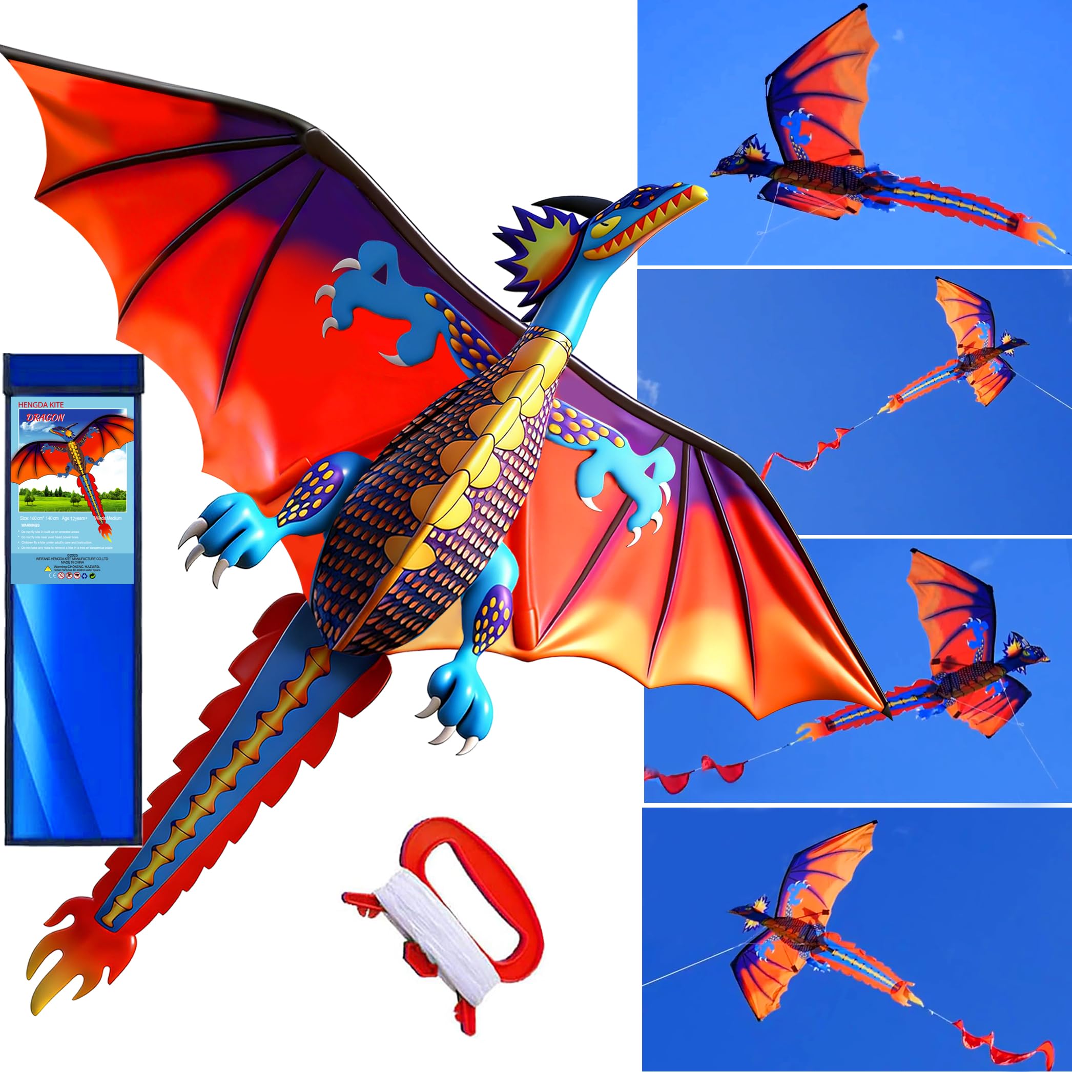 Upgrade Classical Dragon Kite Stereoscopic Dragon Kites for Kids & Adults Easy to Fly for Beginner Easter 63inch Single Line with Tail