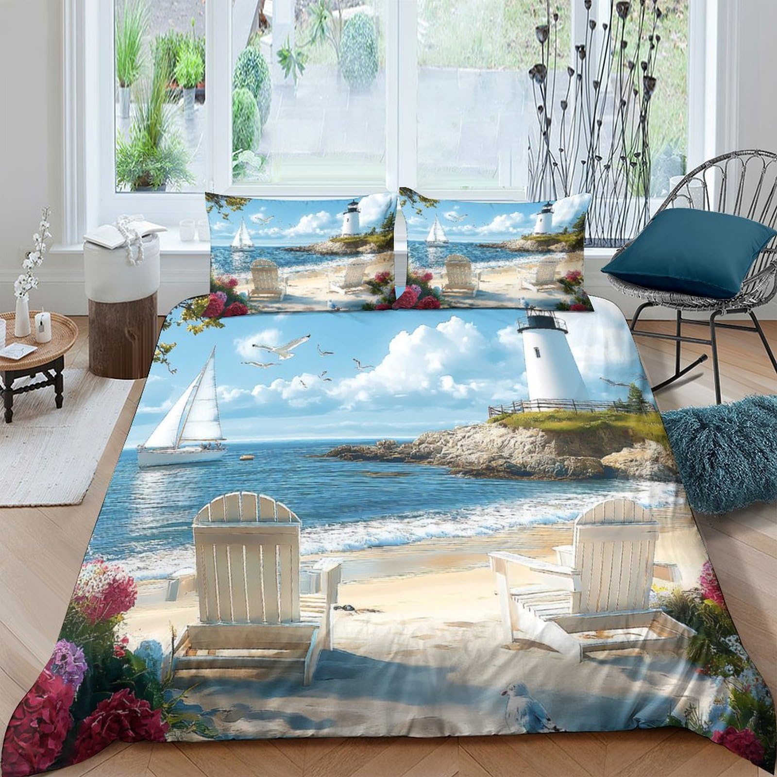 Ctjqhvkz Style-6 3D Printed Seaside Lighthouse Fitted Sheet Microfiber Soft Beach Chair Bed Cover For Bedroom Guest Room Decor Single（135X200cm）