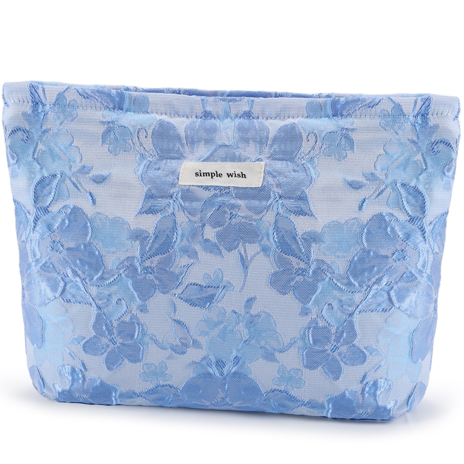 URSKYTOUS Flower Makeup Bag Travel Large Floral Cosmetic Bags Cute Makeup Pouch for Purse Zipper Embossed Blue Make up Organizer Bag Portable Toiletry