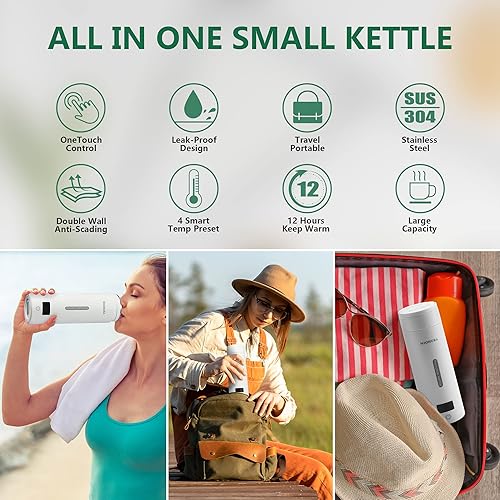 Miniatura 2 de Niohura Hervidor eléctrico portátil pequeño hervidor de té de café caldera de agua rápida personal con 4 preajustes variables acero inoxidable 304