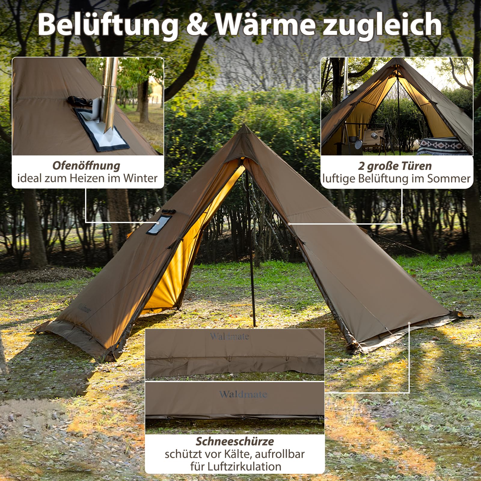 Tipi Tienda de campaña con apertura de horno y delantal de nieve para 4 personas, impermeable, para camping, 4 años, para senderismo, exterior, trekking, caza, pesca