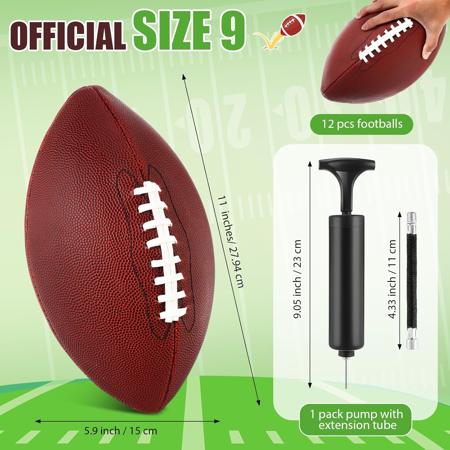 Syhood 12 Pack Composite Leather Footballs Official Size Footballs Bulk Leather Inflatable Football with Pump Regulation Highschool College Football for Training and Recreational Play
