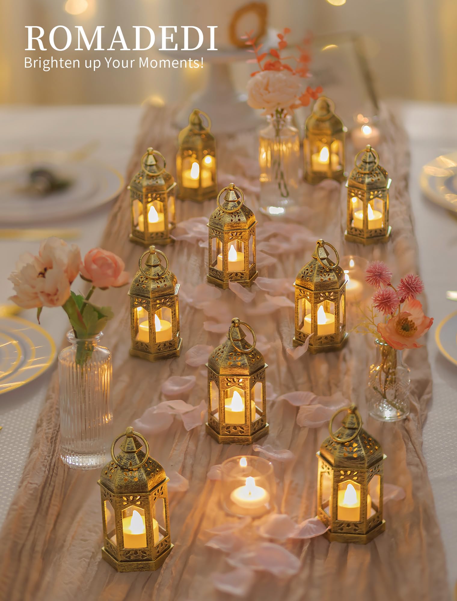 LED Mini Laternen mit Fernbedienung Timer 2/4/6/8H 10er Set Gold Vintage Kerzenlaterne ABS Glas mit flackernde Kerzen für Hochzeit Tischdeko Ramadan Weihnachten Outdoor Balkon