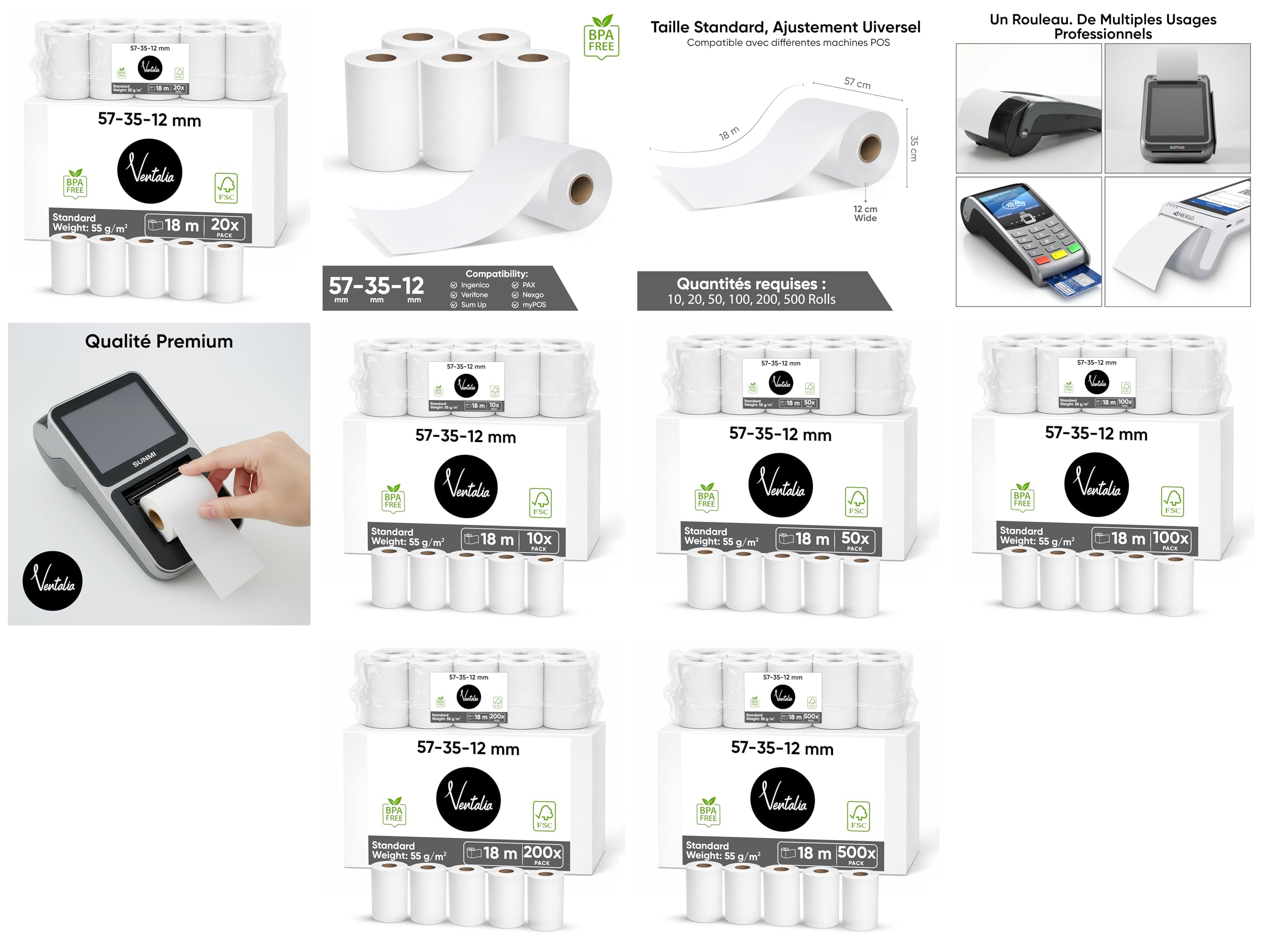 Rouleaux Papier Thermique Sans BPA 57x35x12 mm (18 m) Compatibles Ingenico Verifone SumUp PAX Nexgo myPOS