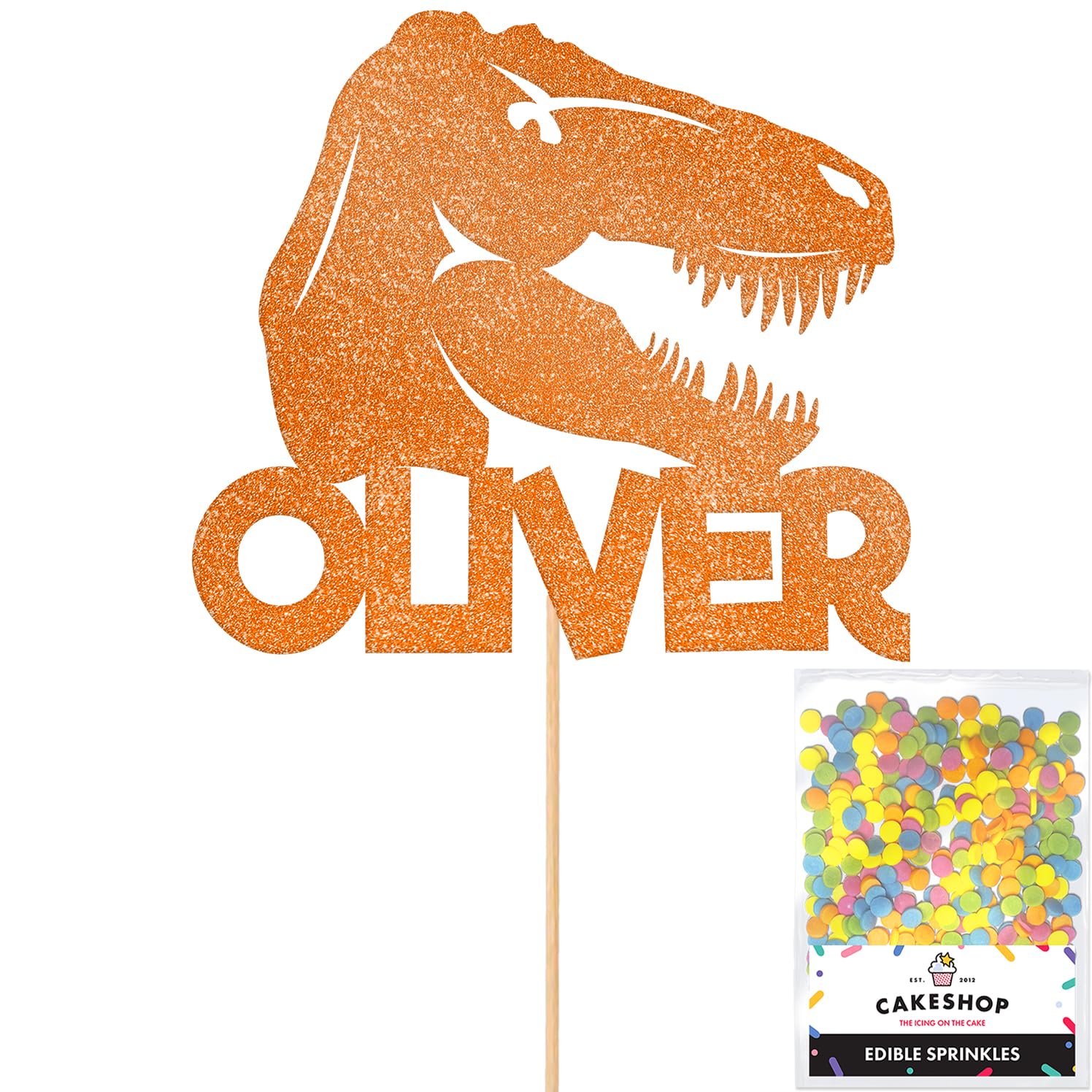 Personalised Birthday Dinosaur Glitter Cake Topper- Copper Orange Any Name Glitter Cake Decoration and Sprinkles - Happy Birthday Decorations - Personalised Toppers for Cakes by Cakeshop