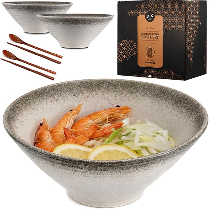 Ceramic Japanese Ramen Bowls Set of 2 - 60 ounce Large Noodle Soup Bowl, with Chopsticks and Spoon for Asian Pho Udon Soba (White)