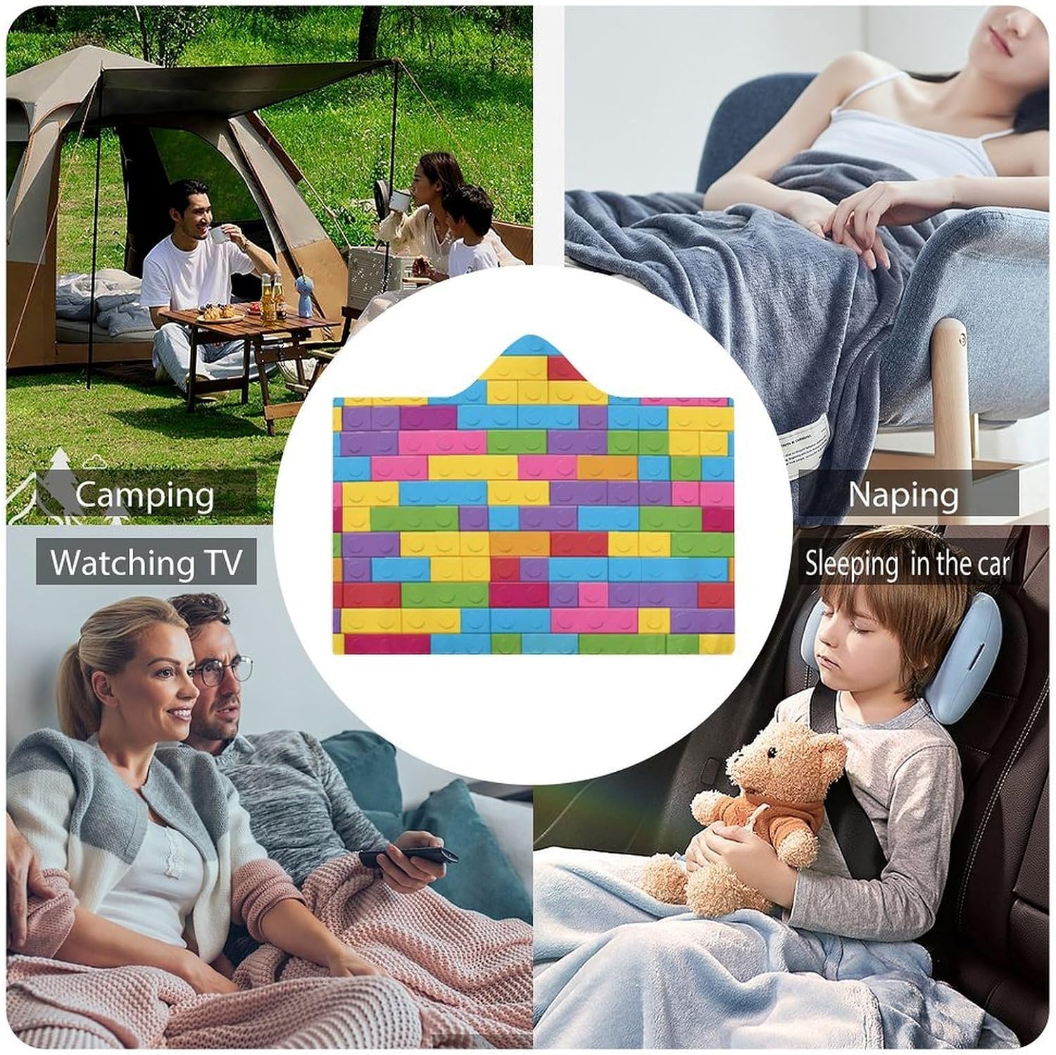 Building Block Print Wearable Blanket Oversized Throw Cape | Cozy Hooded Blanket Gifts for Women Men