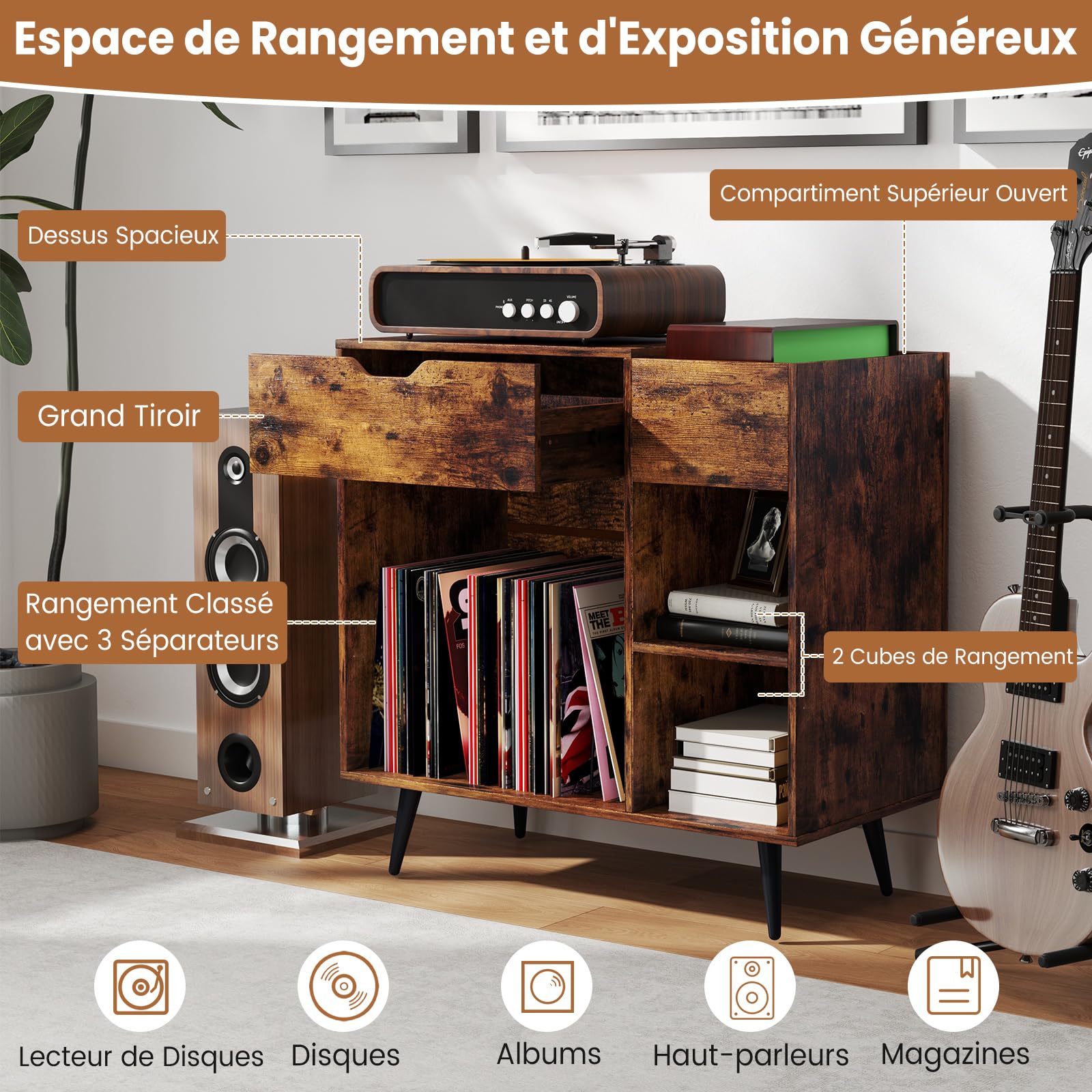 COSTWAY Meuble Tourne-Disque Vinyle avec Prise, Armoire Commode Vinyle avec Tiroir, 2 Prises, 1 USB, 1 Type-C, 2 Kits Anti-basculement, Support Tourne-Disque pour Salon, Chambre,