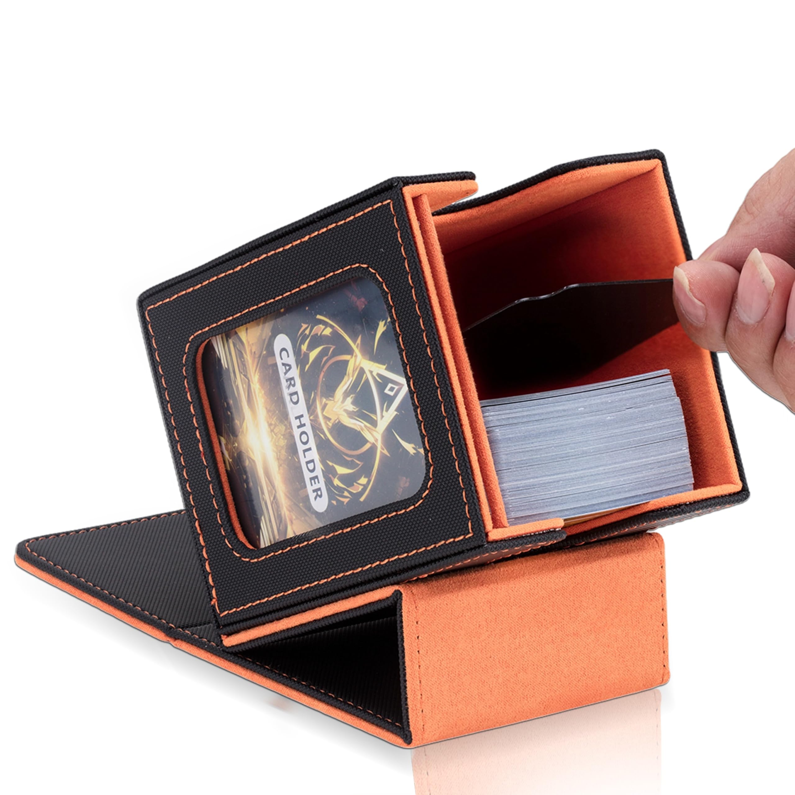 MTG Commander Deck Box for Magic The Gathering, Premium Toploader Storage Case, Fits 100+ Double Sleeved Cards, TCG Card Case with 2 Dividers & 1 Toploader, Black/Orange, Portable, for EDH Players