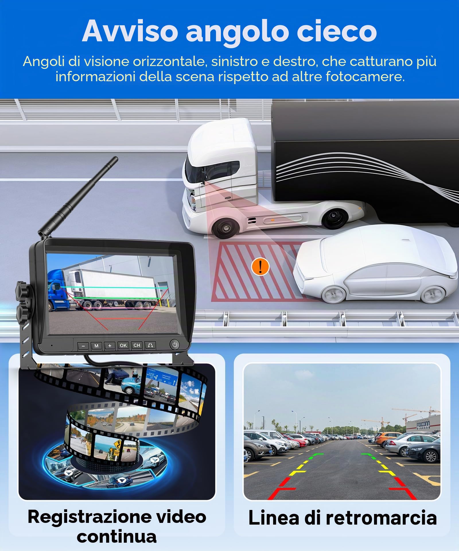Hodozzy 720P Telecamera Posteriore Wireless per FIAT Ducato 3/Peugeot Boxer/Citroen Jumper con Monitor IPS da 7'', Telecamera per Terza Luce di Stop, Visione Notturna a IR, Impermeabile IP67, BSD,DVR