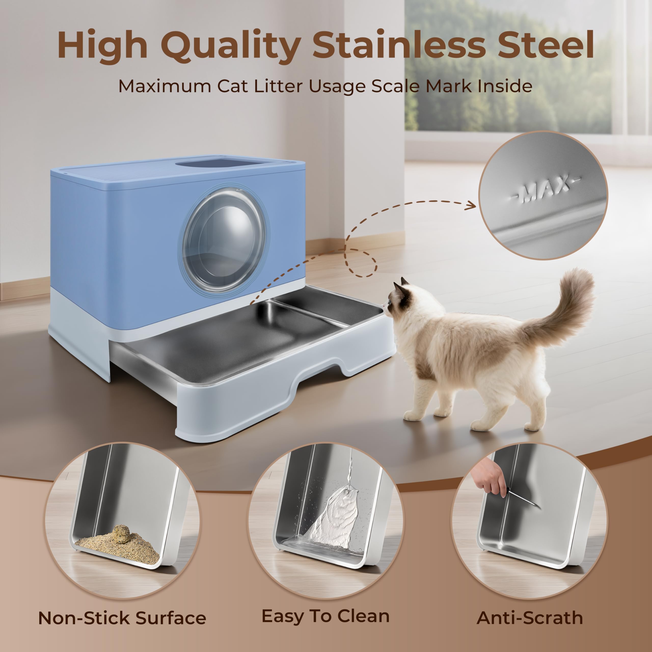 XXXL Stainless Steel Litter Box with Lid, Front Entry Top Exit, Extra Large Metal Cat Litter Box with Drawer, Maine Coon Cats, with Litter Scoop & Litter Mat, Anti-Odor, Anti-Leakage & Non-Stick - image 5