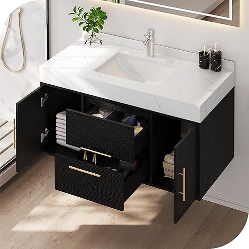 Miniatura 3 de DWVO Tocador de baño flotante negro de 40 pulgadas montado en la pared con encimera de piedra sinterizada y lavabo de cerámica, armario de baño con