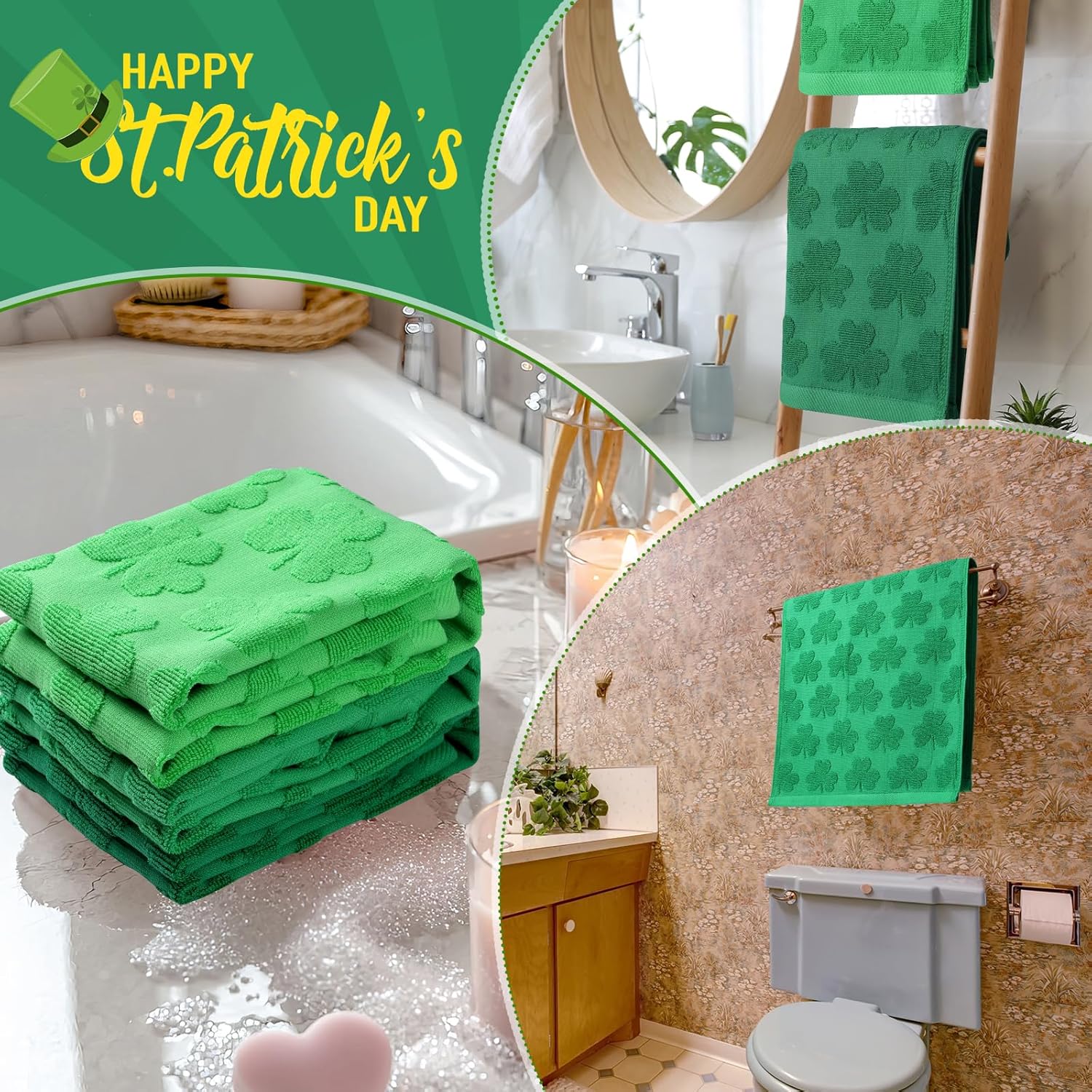 3pcs St. Patrick's Day Hand Towels Set Green Shamrock Jacquard Bath Towel Irish Clover 100% Cotton Soft Kitchen Decorative Bathroom Towels for St. Patrick's Day Holiday Decor Gift,14 x 29 Inch - Image 7