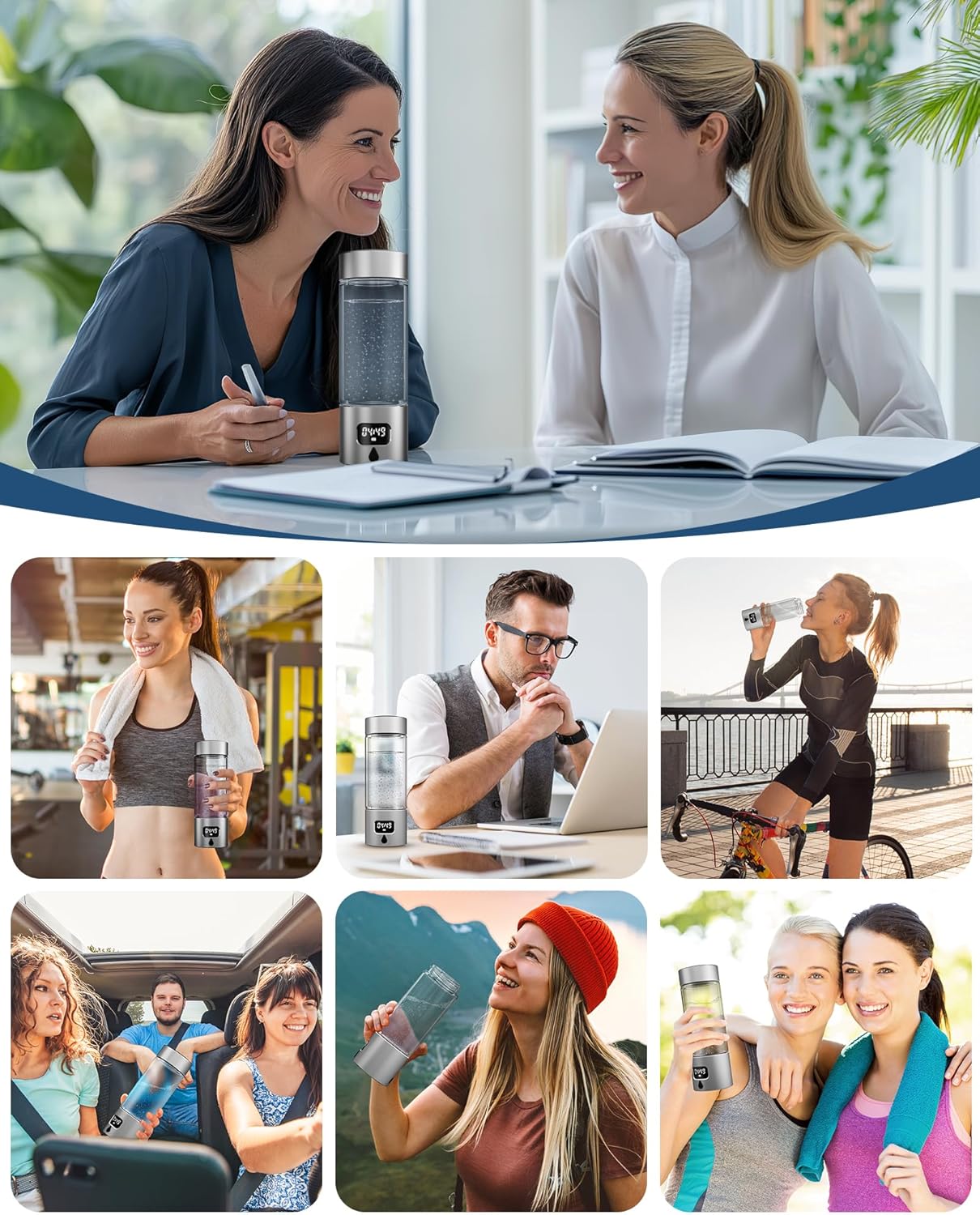 Hydrogen Water Bottle - Portable, Rechargeable, LED Timer, Aluminum and Glass, 5000 PPB Hydrogen in 10 Minutes, 340ml Capacity, for Travel, Sports, Home, Office