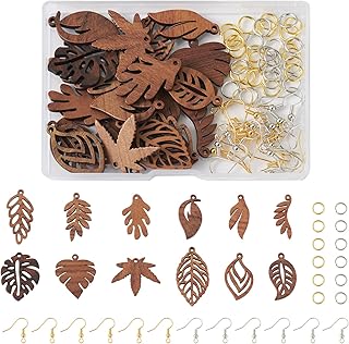 Cheriswelry Wood Leaf Earring Natural Wooden Dangle Earrings Making Kit Coconut Brown Wood Leaf Charms Brass Earring Hooks Jump Rings for Women Jewelry Decoration 25-36mm (144Pcs/Box)