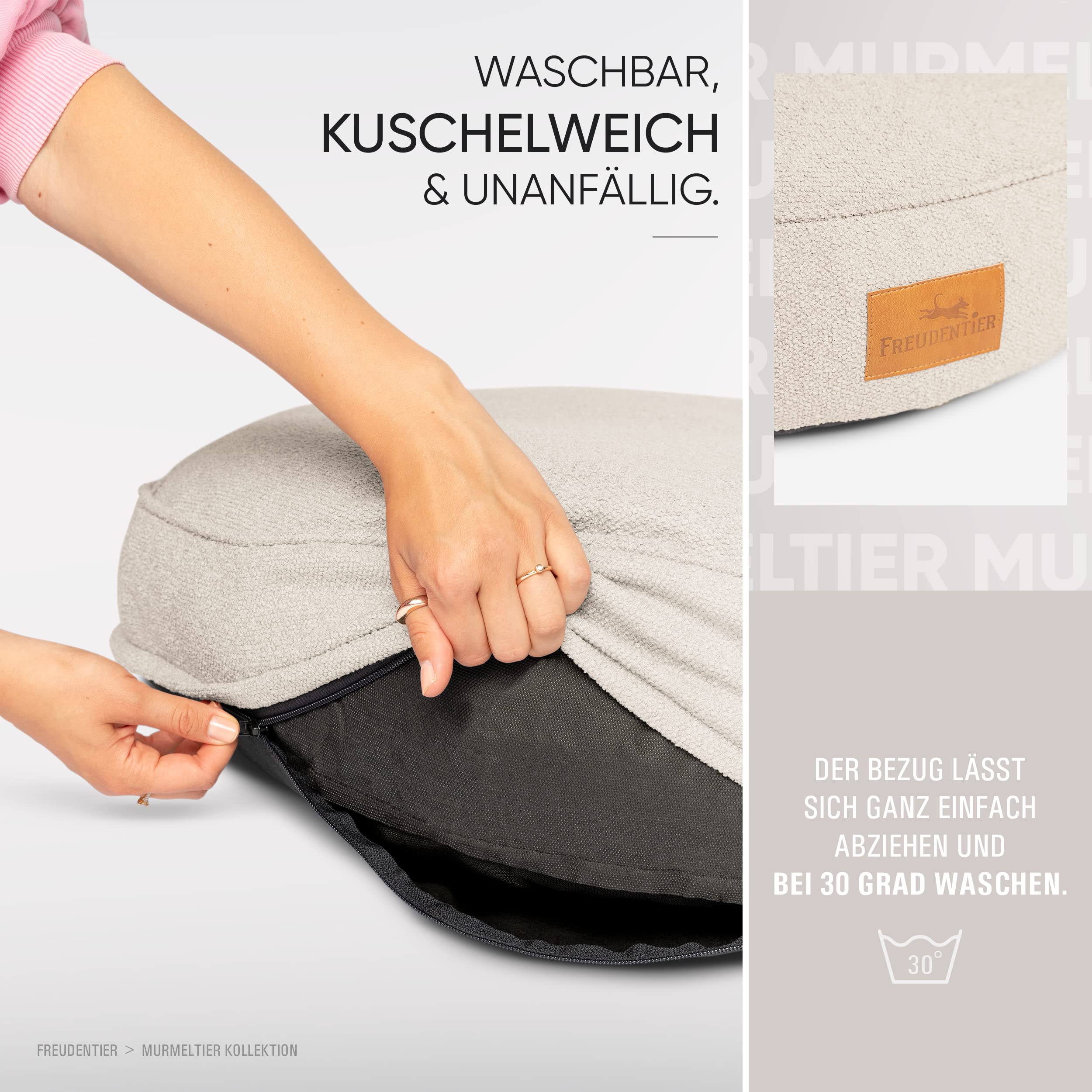 FREUDENTIER Orthopädisches Hundekissen XL - Waschbar - 100cm, rund | Hundekorb XL aus kuschelweichem Bouclé Stoff für große Hunde - Hundesofa mit abnehmbarem Bezug - Made in EU - Liegekissen