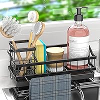 Ahonnpely Rustproof Stainless Steel Kitchen Sink Sponge Holder - Countertop Caddy with Auto Drainage & Towel Rack