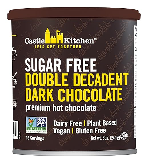 Castle Kitchen Sugar Free Dark Hot Chocolate - Premium Plant Based, Dairy Free, Gluten-Free, Vegan Hot Coca Mix - Just Add Water - 14 oz Can