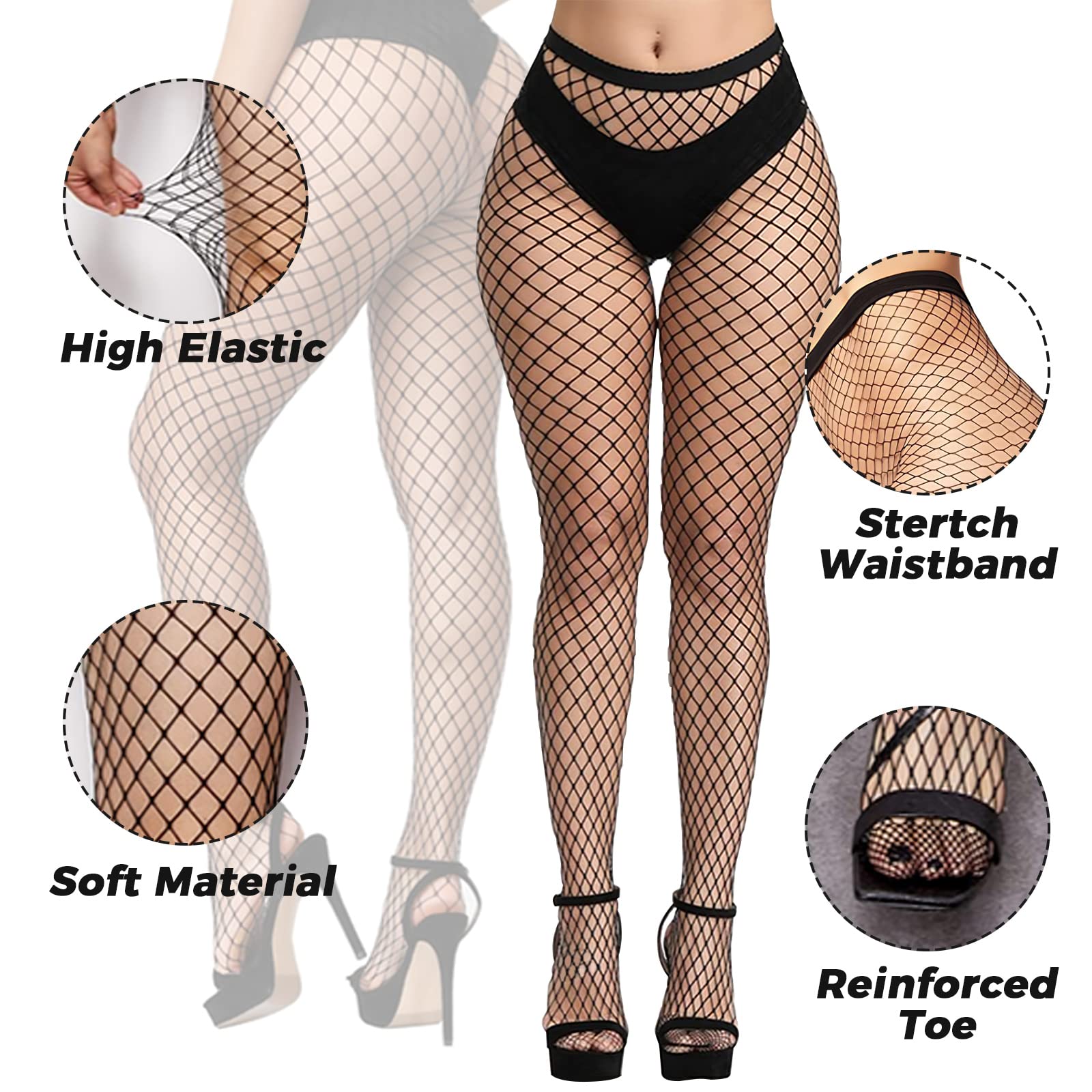 Buauty Plus Size Fishnet Stockings for Women - 3 Pairs Sexy Fishnets Tights, Halloween Fish Net Stockings,Gothic Clothes: One Size Black*3
