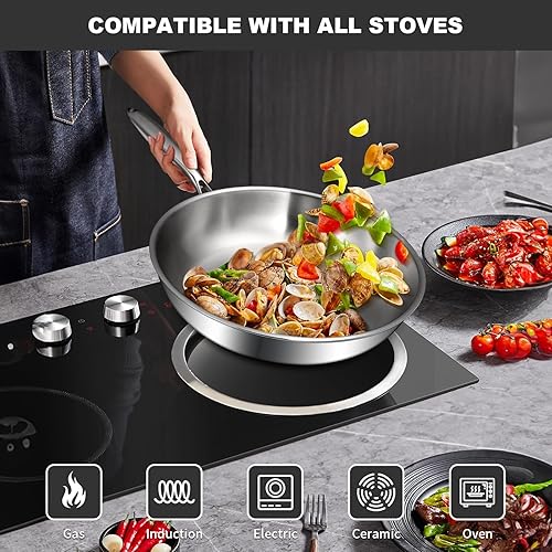 Miniatura 5 de EWFEN Juego de sartenes de acero inoxidable de tres capas, sartenes de cocina de 8 pulgadas, 10 pulgadas12 pulgadas, sartén sin PFOA y PTFE, sartén