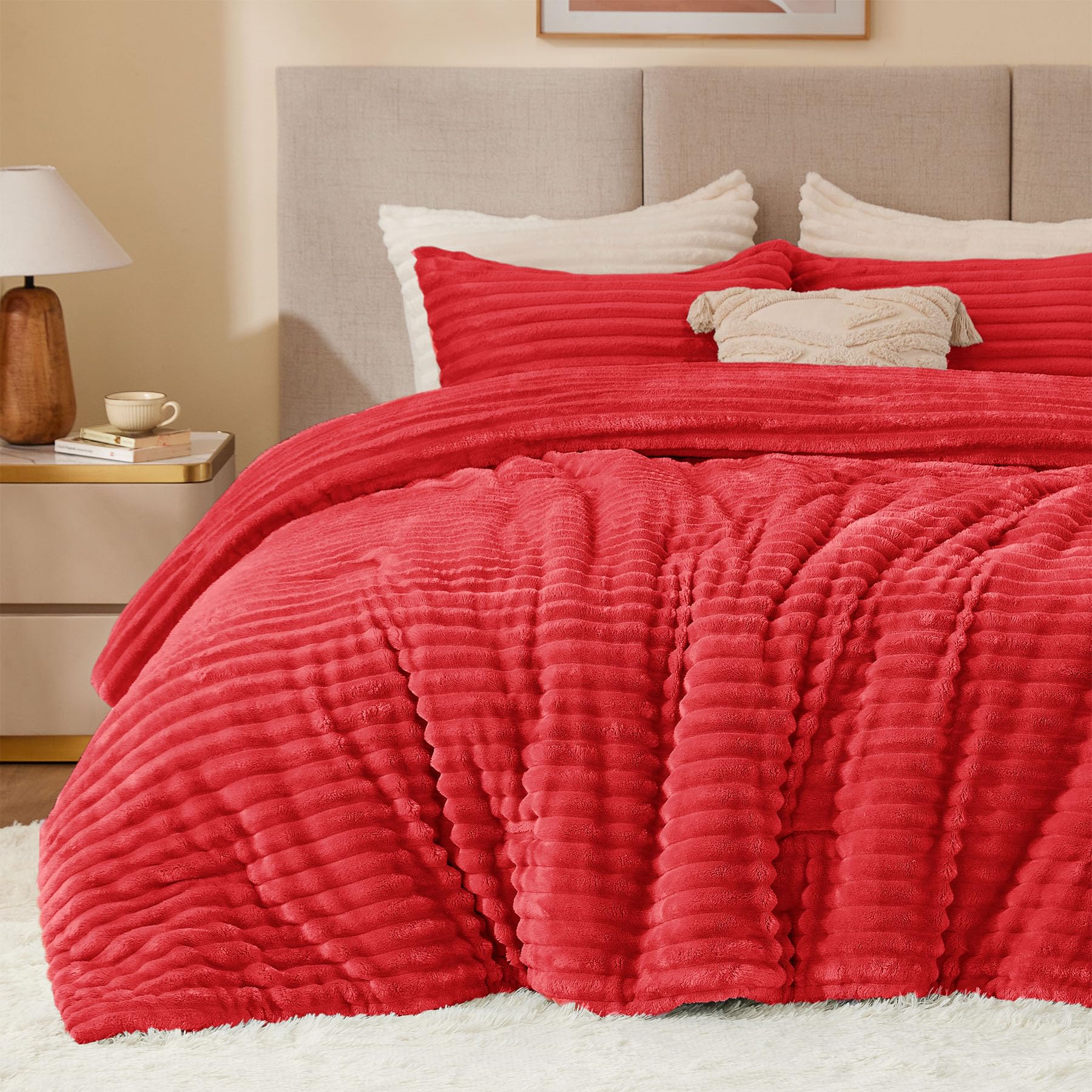 BEDELITE Fleece Twin Comforter Set -Super Soft &amp; Warm Fluffy Red Bedding, Luxury Fuzzy Heavy Bed Set for All Season with 1 Pillow case