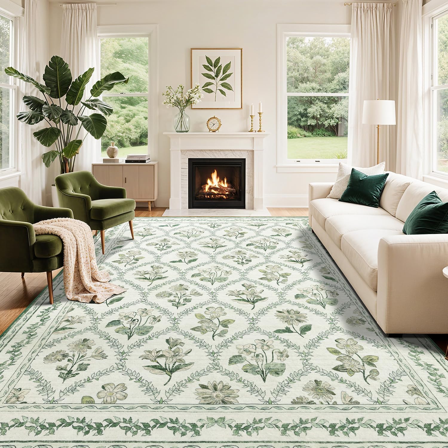 Tappeto Salotto Grandi 160 x 230 cm Tappeto Corridoio Antiscivolo Morbido Pelo Corto Tappeti per cucina Pranzo Soggiorno Camera da Letto Floral Traditional Geometric Green White