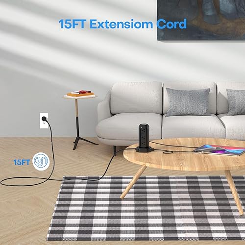 Miniatura 2 de PD20W - Torre de regleta de protección contra sobretensiones, cable de extensión de 15 pies con múltiples tomas, 12 AC 4 USB (1 USB C), mini regleta