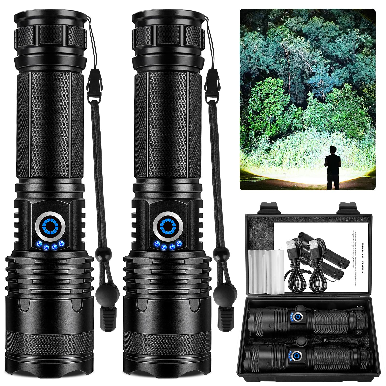 Flashlight High Lumens Rechargeable 2 Pack, 990,000 Lumen Super Bright Led Flashlights with 5 Light Modes, Powerful Handheld Flash Light for Home Camping Eɱergencies, IPX6 Waterproof